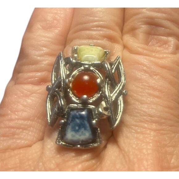 Vintage Celtic Carnelian and Agate Ring with Adjustable Shank Size 7 - Picture 1 of 6